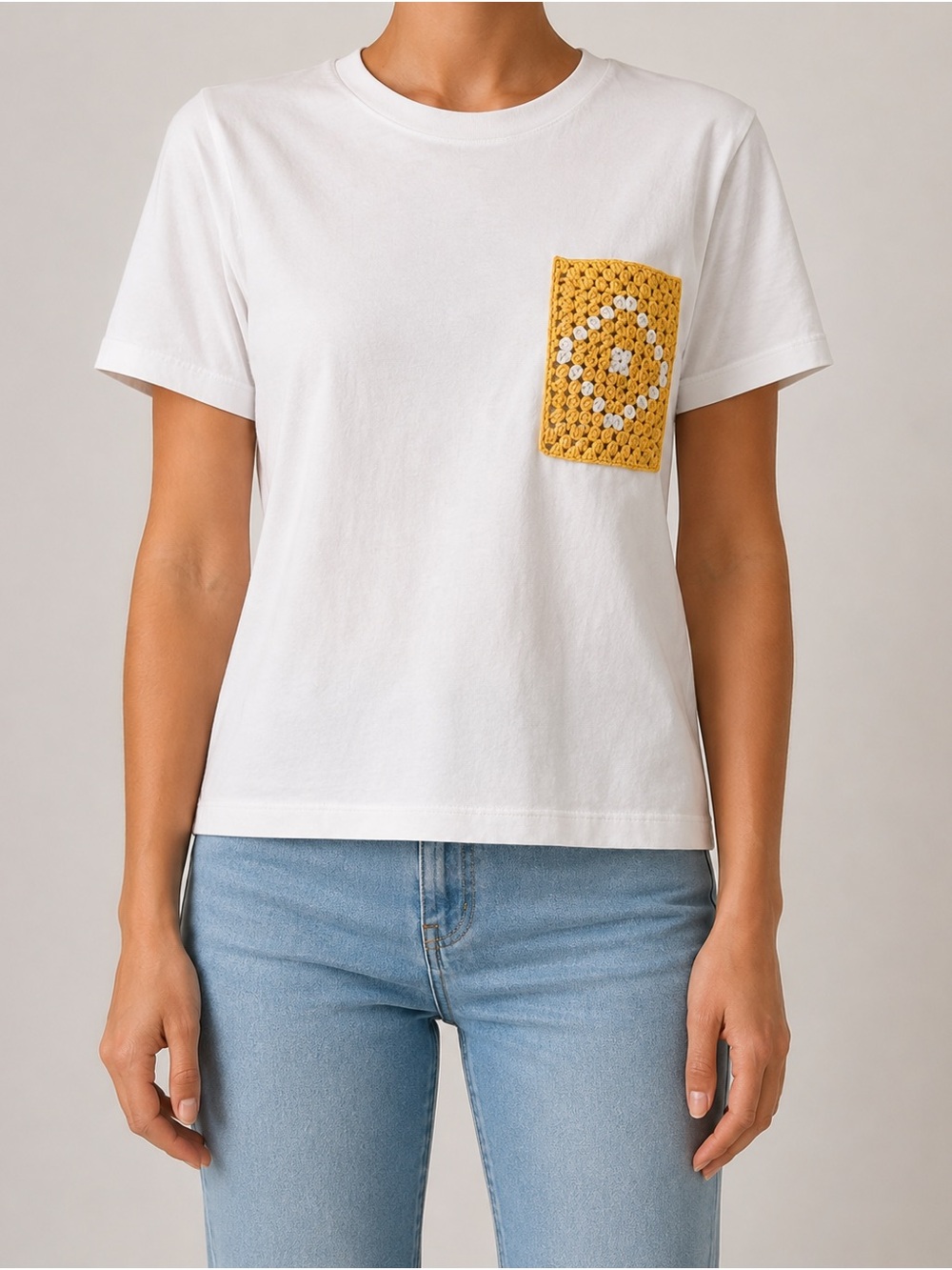 Zara White Short-Sleeve Tee with Yellow Crochet Pocket